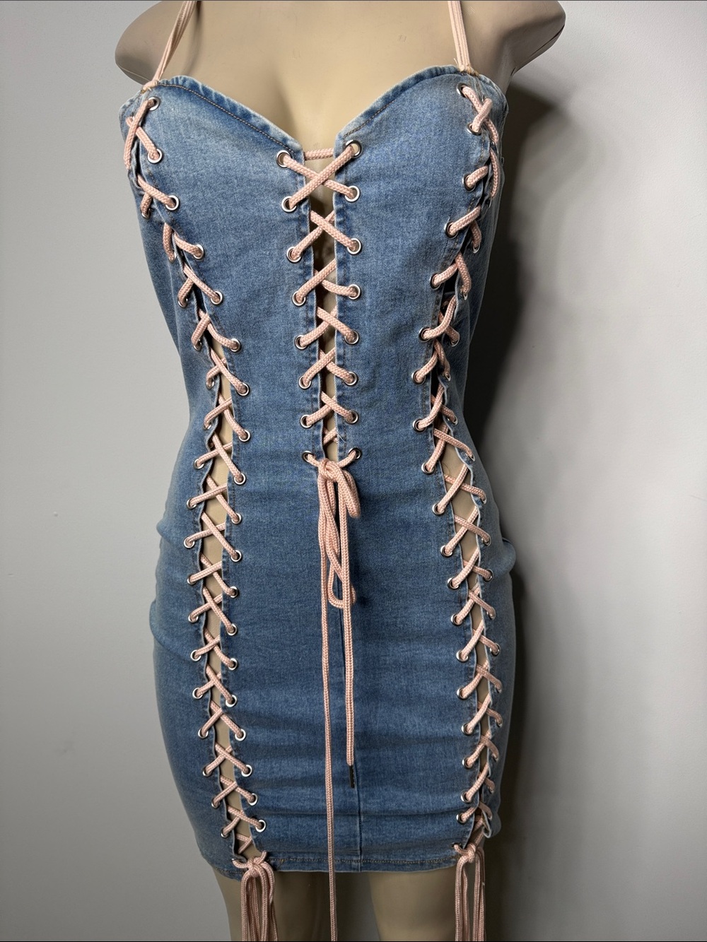 AKIRA Blue Denim Mini Dress with Pink Lace-Up Trim NWOT